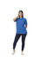 A woman poses in a bright blue Gildan Hammer Adult Double Pique Polo, paired with navy leggings and white sneakers.