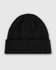 A black knit watch cap with a rolled brim, featuring a logo on the side.
