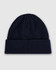 A navy blue watch cap featuring a cuffed design and a smooth knit texture. The cap includes branding.