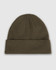 A green watch cap with a rolled cuff, featuring a simple design and a logo.