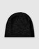 A black knit beanie with a ribbed texture, featuring a logo on the side.