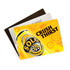 A vibrant counter mat featuring a yellow design with branding and images related to a drink, layered on dark and light mats.