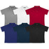 A collection of polo shirts in grey, white, red, purple, navy, and black, featuring a logo on each.