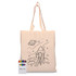 A cream tote bag featuring a rocket design and a crayon set with multiple colours.