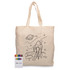 A cream-coloured calico bag featuring a rocket and space scene, accompanied by a set of colourful crayons.