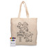 A cream calico bag featuring monkey illustrations and a crayon set with multiple colours.