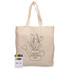 A cream tote bag featuring a floral watering can design and a crayon set in various colours.