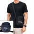 A black messenger bag with a shoulder strap and a small inset image of a navy messenger bag, both featuring a logo.