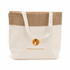 A jute and cotton cooler bag in cream and tan with a logo on the front, featuring sturdy handles.