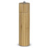 A bamboo pepper mill with a sleek cylindrical design and a silver top, featuring a simple branding logo.