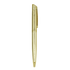 A golden metal ballpoint pen featuring a sleek design and a pocket clip. It has a logo on the barrel.
