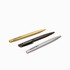Three metal ballpoint pens in gold, black, and silver, featuring branding on the side.