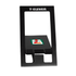 A black foldable phone stand featuring a logo, designed for holding mobile devices securely.