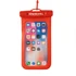 A waterproof phone pouch in bright red with a transparent front, featuring a logo at the top.