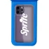A waterproof phone pouch in bright blue, featuring a clear front and a logo on the visible phone case.