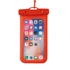 A red waterproof phone pouch with a clear front, displaying a smartphone screen and icons. It has a logo on it.
