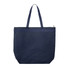 A navy tote bag with two handles and a zippered closure, featuring a branding logo.