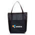 A crosshatch tote bag in black with a textured grey panel and a logo on the front.