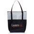A tote bag featuring a grey crosshatch design and a black base, with a logo on the front.