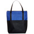 A tote bag featuring a blue top and black bottom, with two black handles and a zip closure.