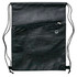 A black drawstring bag features a textured pattern and a zippered pocket, with a logo on the front.