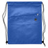 A blue drawstring bag featuring a textured surface and a zippered pocket, with adjustable drawstrings and a logo.