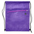 A purple drawstring bag featuring a textured pattern and a zippered pocket, with adjustable drawstrings and a logo.