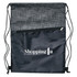 A black and grey crosshatch drawstring bag with a zippered pocket and a logo on the front.