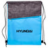 A drawstring bag in light blue with a dark grey textured top and a zip pocket, featuring a logo.
