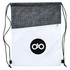 A drawstring bag featuring a grey textured upper section and a white lower section with a black logo.