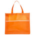 An orange shopping tote bag with a textured design and a white stripe across the middle. It has two handles and a logo.