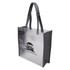 A grey tote bag with clear sides and sturdy handles, featuring a logo on the front.