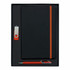 A black Chesterfield notebook with an orange elastic band, a silver pen, and a USB flash drive in a black box.