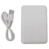 A white power bank with a USB charging cable on the side. The power bank has a smooth surface and rounded edges.