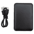 A black power bank with a capacity of 5,000mAh and a USB cable next to it.