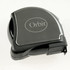 A black and silver tape measure with a branded logo on the top.