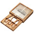 A wooden cheese board set featuring a glass top and three stainless steel cheese knives, with a logo on the lid.