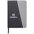 A stylish notebook featuring a black and grey design, with a logo on the front and an elastic band closure.