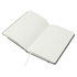 An open Crosswise Notebook with a grey cover and lined pages, featuring a bookmark ribbon.