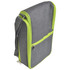 A drink bottle carrier in grey with bright green accents, featuring a zippered front pocket and an adjustable strap.