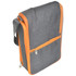 A wine sling in grey fabric with orange accents, featuring a front zip pocket and an adjustable shoulder strap.