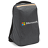 A grey computer backpack with a sleek design and a logo on the front.