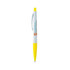A plastic pen featuring a yellow barrel and a white grip, with a logo on the side.