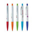 A collection of five plastic pens in silver, featuring various coloured tops: orange, green, blue, and red. Each pen has a logo.