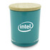 A large teal candle jar with a wooden lid and a logo on the front.