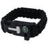 A black survival band with a compass attached, featuring a durable, braided design. It includes a fastening mechanism.