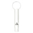 A white aluminium metal whistle keychain with a circular keyring attachment.