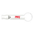 A white aluminium whistle keychain featuring a keyring and a logo.