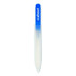 A glass nail file with a clear body and a blue handle, featuring a logo.