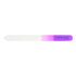 A glass nail file with a white to purple gradient and a branding logo.